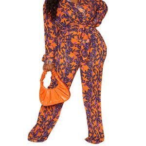 PrettyLittleThing Orange Tropical High Rise Sheer Flare Beach Pants 14  NWT
